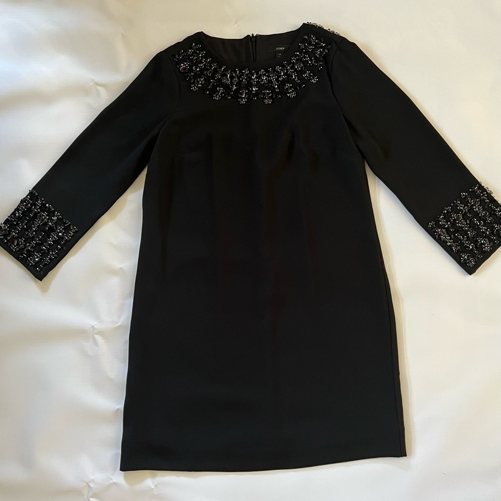 J. Crew Black Formal Long Sleeved Dress with Rhinestone Detailing